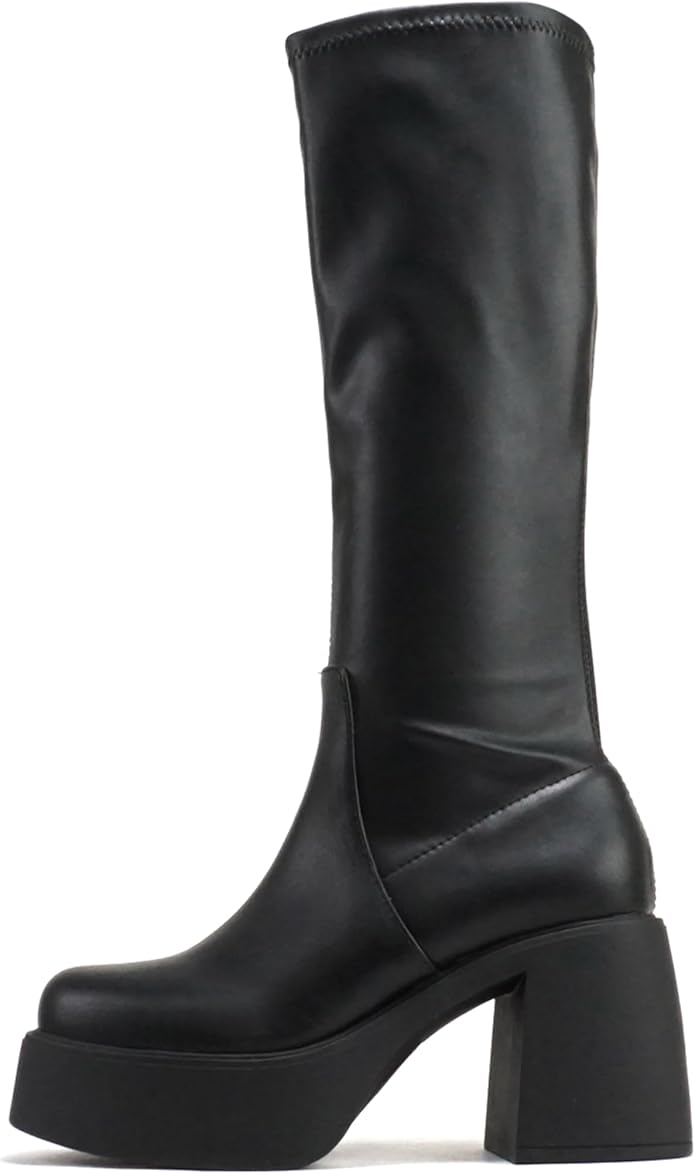 Women Square Toe Medium Chunky Heel Platform Mid-Calf Boot with Side Zipper