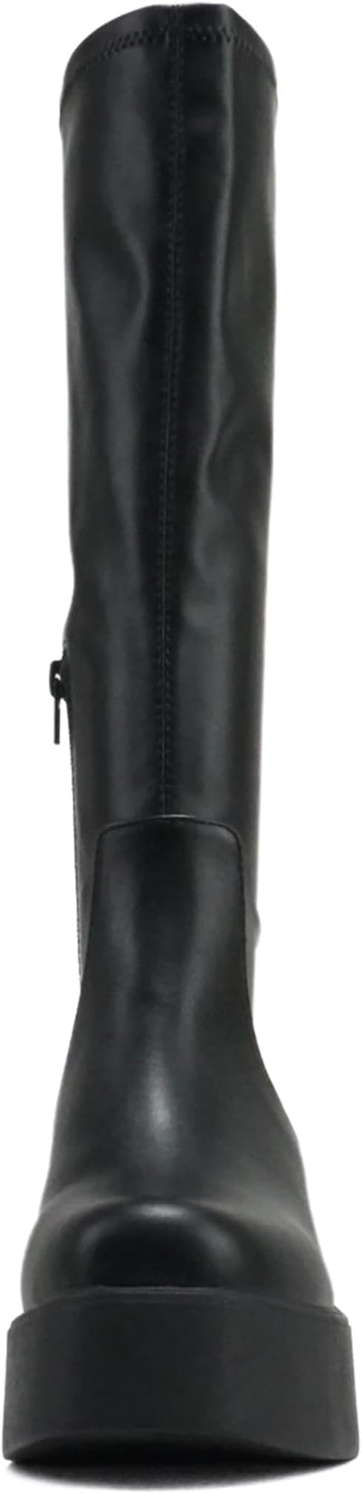 Women Square Toe Medium Chunky Heel Platform Mid-Calf Boot with Side Zipper