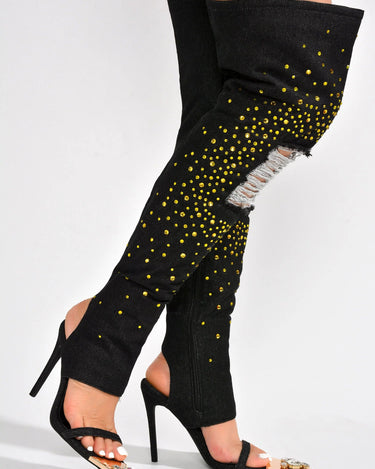 Cape Robbin Kyara Rhinestone Denim Thigh High Heels | Shoe Time