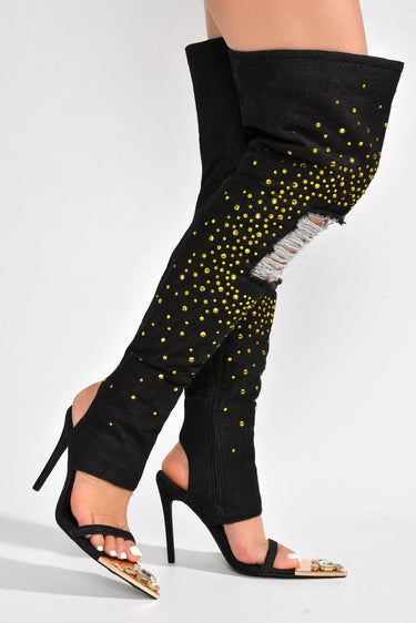 Cape Robbin Kyara Rhinestone Denim Thigh High Heels | Shoe Time