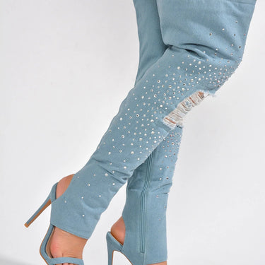 Cape Robbin Kyara Rhinestone Denim Thigh High Heels