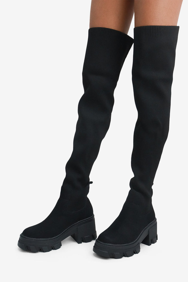 Stretchy Thigh High Sock Boots, Chunky Platform