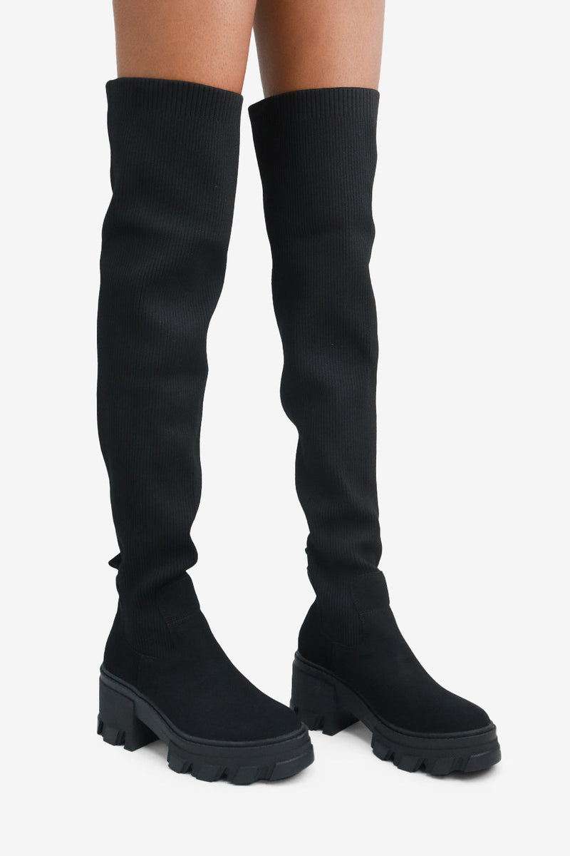 Stretchy Thigh High Sock Boots, Chunky Platform