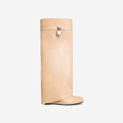 Padlock Detail Wedge Heel Knee High Long Boot Leather