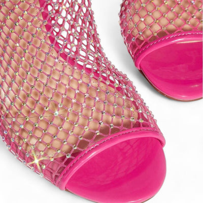 Funky Hot Pink Mesh Ankle Boots For Spring And Summer, Woman Shoes Rhinestone Decor Zip Back Stiletto Heeled Sandal Boots,