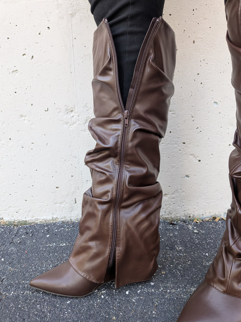 Women Tall Slouch Wedge Boots, Knee High Chic Look