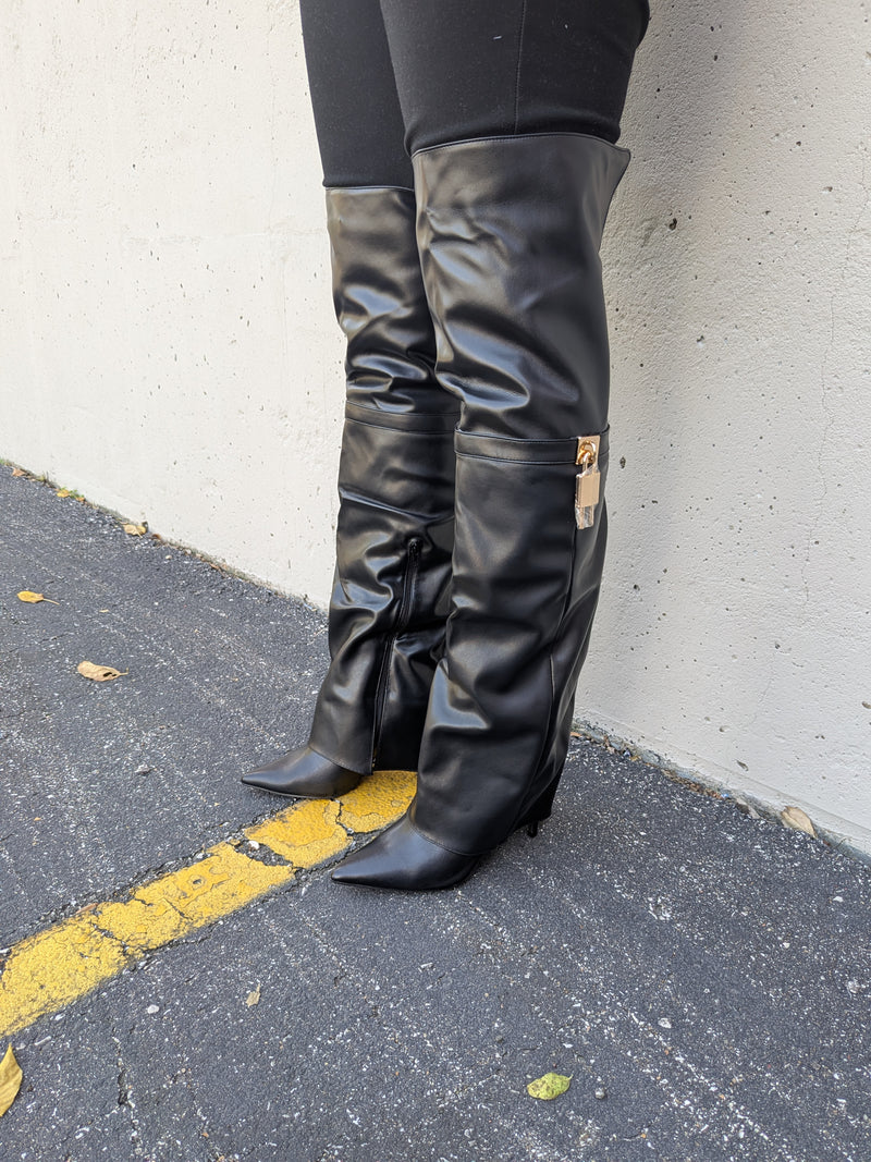 Fold Over Thigh High Boots, Pointed Toe Stiletto Heel Chic Look