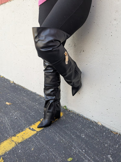 Fold Over Thigh High Boots, Pointed Toe Stiletto Heel Chic Look