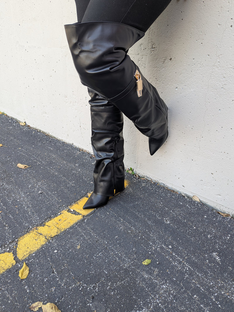 Fold Over Thigh High Boots, Pointed Toe Stiletto Heel Chic Look