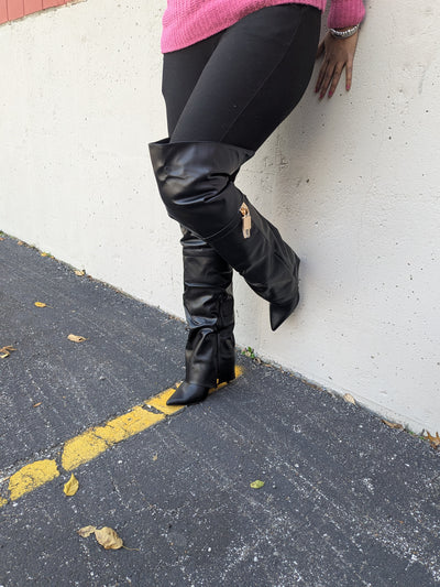 Fold Over Thigh High Boots, Pointed Toe Stiletto Heel Chic Look