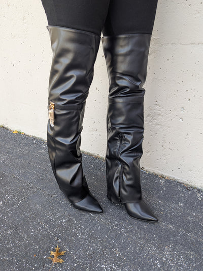 Fold Over Thigh High Boots, Pointed Toe Stiletto Heel Chic Look