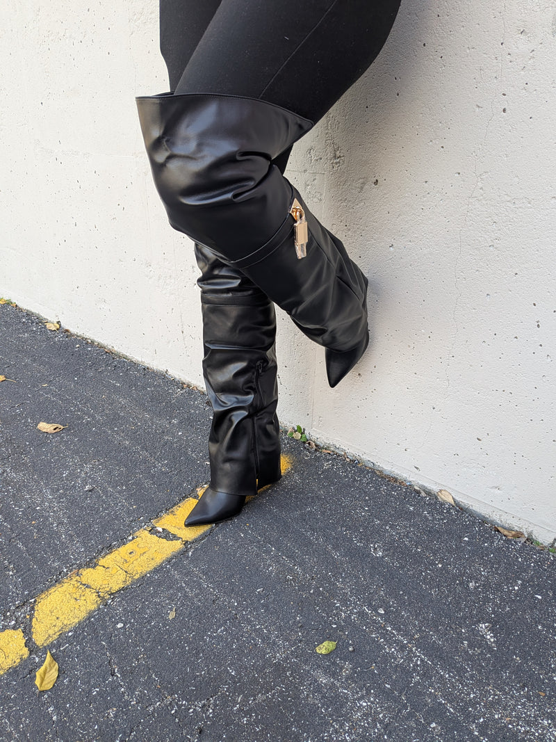 Fold Over Thigh High Boots, Pointed Toe Stiletto Heel Chic Look