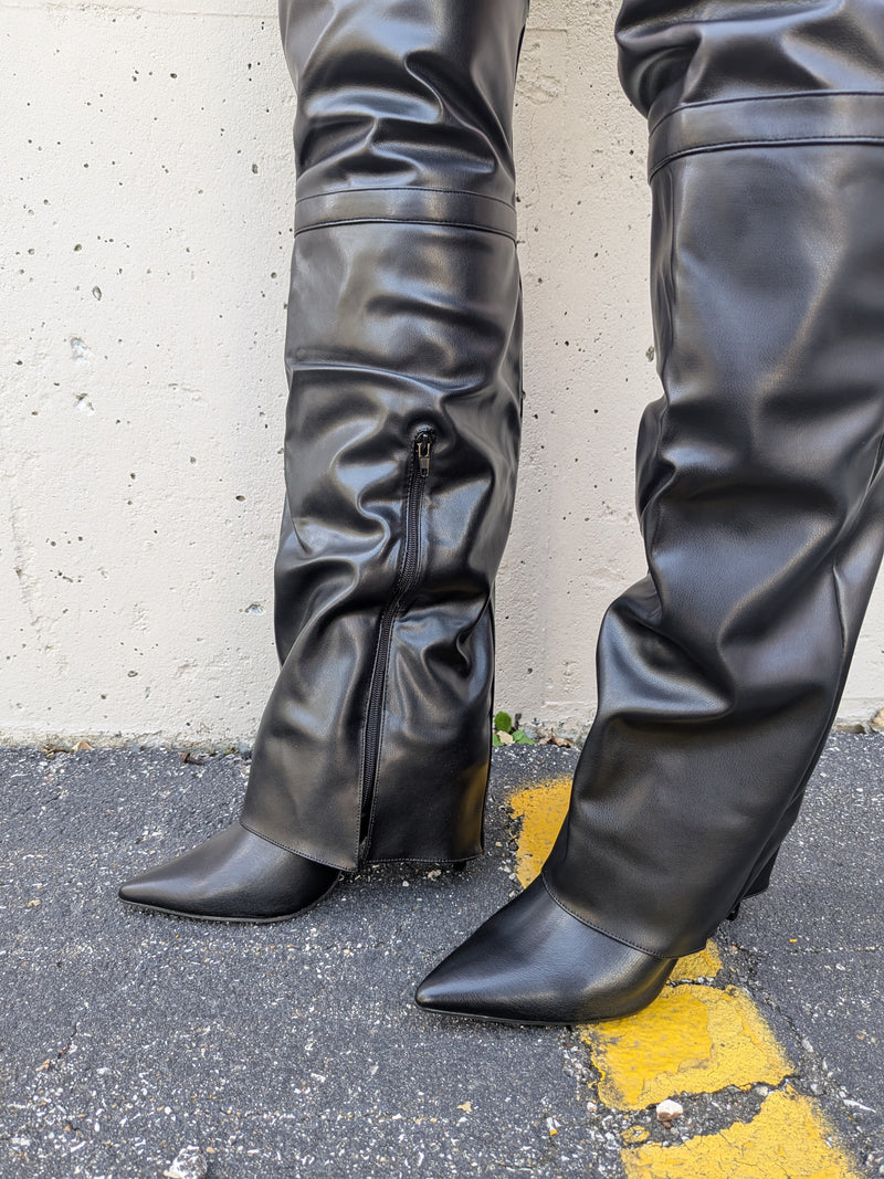 Fold Over Thigh High Boots, Pointed Toe Stiletto Heel Chic Look