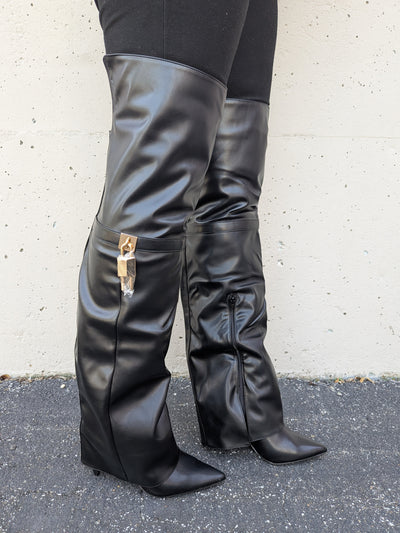 Fold Over Thigh High Boots, Pointed Toe Stiletto Heel Chic Look