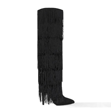 Knee High Heeled Fringe Boots Scandalous-26