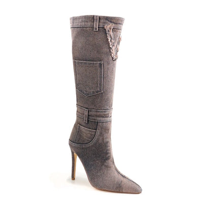 Denim Mid Calf Pointed Toe Boots Scandalous-15 Liliana