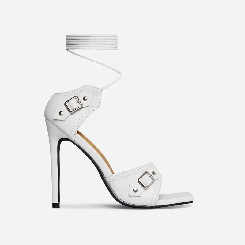 Rivit Stiletto Strappy Peep Toe Heels Buckle Detail, Halloween Inspired Scorpio