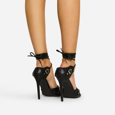 Rivit Stiletto Strappy Peep Toe Heels Buckle Detail, Halloween Inspired Scorpio