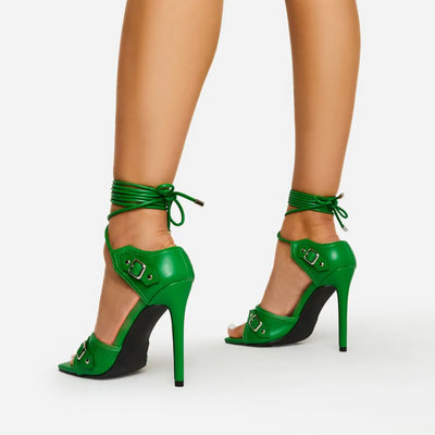 Rivit Stiletto Strappy Peep Toe Heels Buckle Detail, Halloween Inspired Scorpio