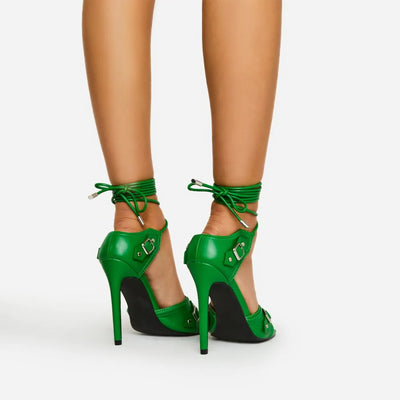 Rivit Stiletto Strappy Peep Toe Heels Buckle Detail, Halloween Inspired Scorpio