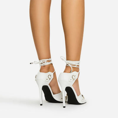 Rivit Stiletto Strappy Peep Toe Heels Buckle Detail, Halloween Inspired Scorpio