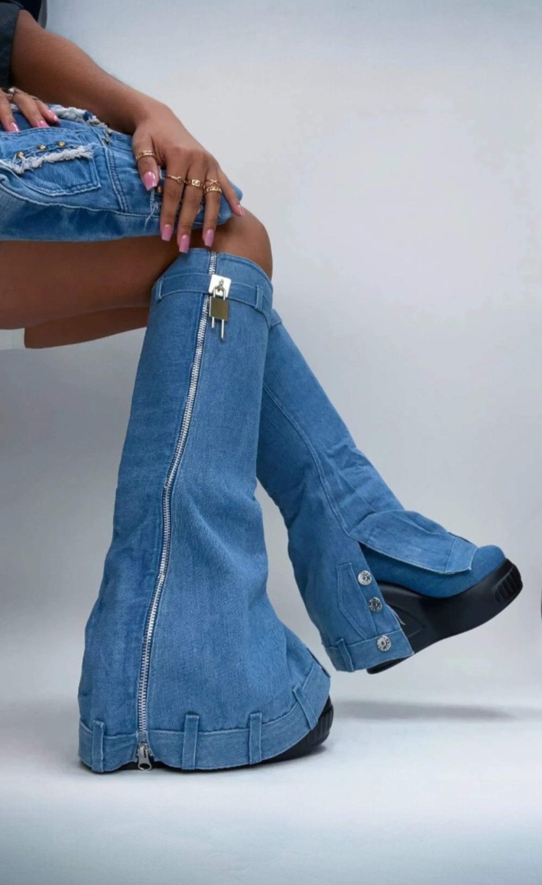 Fold Over Denim Padlock Platform Boots Smarty Pants – SHOE TIME