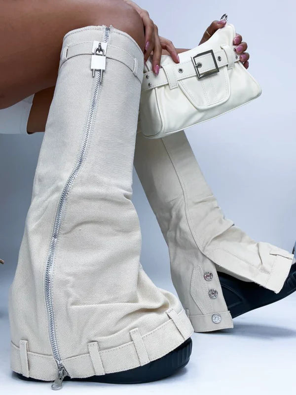 Botas con plataforma y candado de mezclilla plegable Pantalones inteligentes