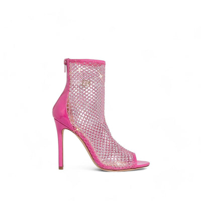 Funky Hot Pink Mesh Ankle Boots For Spring And Summer, Woman Shoes Rhinestone Decor Zip Back Stiletto Heeled Sandal Boots,