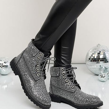 Lace Up Rhinestone Glitter Combat Boots, Metallic Boots Vacation Shoes Halloween Wonderful