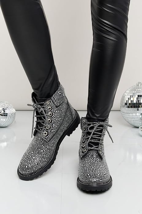 Lace Up Rhinestone Glitter Combat Boots, Metallic Boots Vacation Shoes Halloween Wonderful