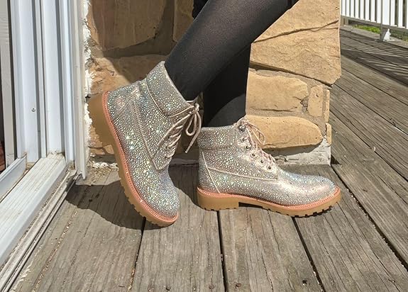 Lace Up Rhinestone Glitter Combat Boots, Metallic Boots Vacation Shoes Halloween Wonderful