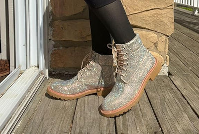 Lace Up Rhinestone Glitter Combat Boots, Metallic Boots Vacation Shoes Halloween Wonderful