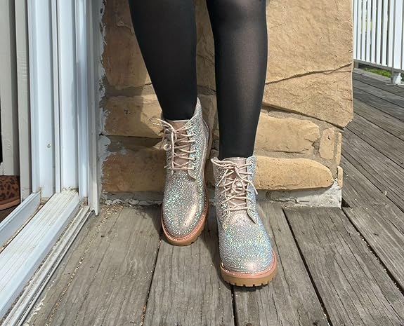 Lace Up Rhinestone Glitter Combat Boots, Metallic Boots Vacation Shoes Halloween Wonderful