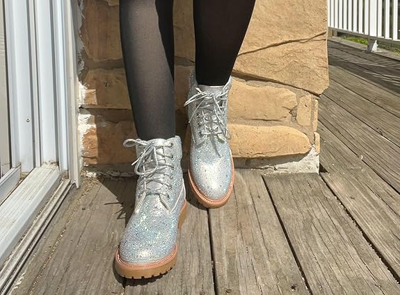 Lace Up Rhinestone Glitter Combat Boots, Metallic Boots Vacation Shoes Halloween Wonderful