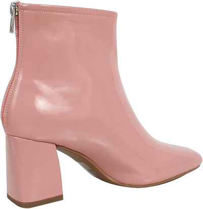 PInk Square Toe High Top Mid Block Heel Ankle Boot