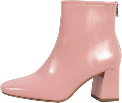 PInk Square Toe High Top Mid Block Heel Ankle Boot