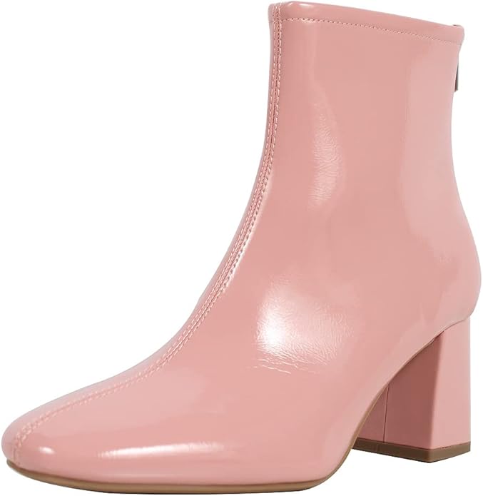 PInk Square Toe High Top Mid Block Heel Ankle Boot