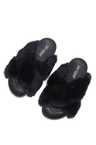 Black Furry Faux Fur Slides Grande Cape Robbin