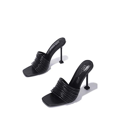 Black Strappy Shoes Square Open Toe Heel Sandals | Shoe Time