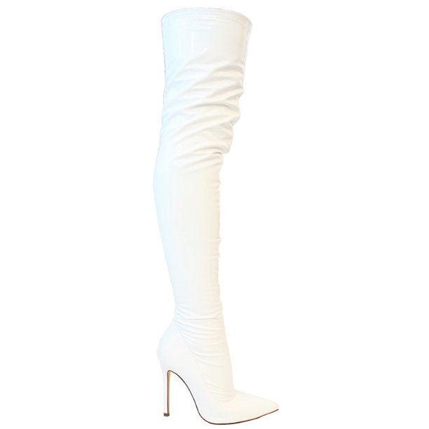 White  Over the Knee Thigh High Shiny Patent Boots
