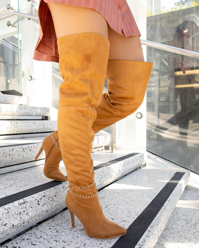 Tan Over the Knee Pointed Toe Stiletto Heel Boots 
