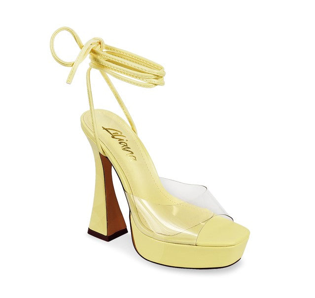 Yellow Wrap Around Clear Strap Heels | Shoe Time