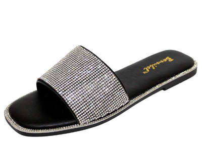 Amita-3 Rhinestone Flats Slides Sandals Shoes Black