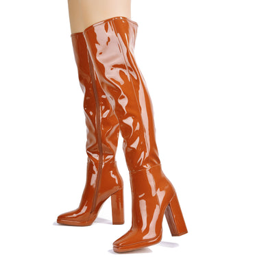 Cape Robbin Square Toe Chunky Heel Tall Dress Boots Tan | Shoe Time