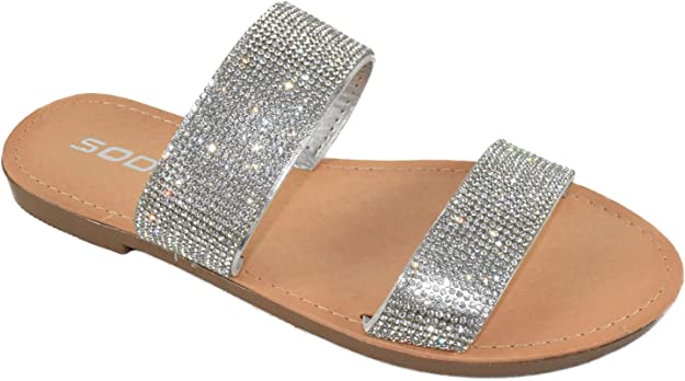 Soda Shoes Rhinestone Slide Sandals in Silver Among