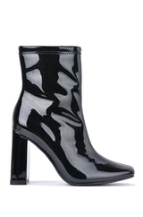 Black Patent Leather Chunky Heel Booties