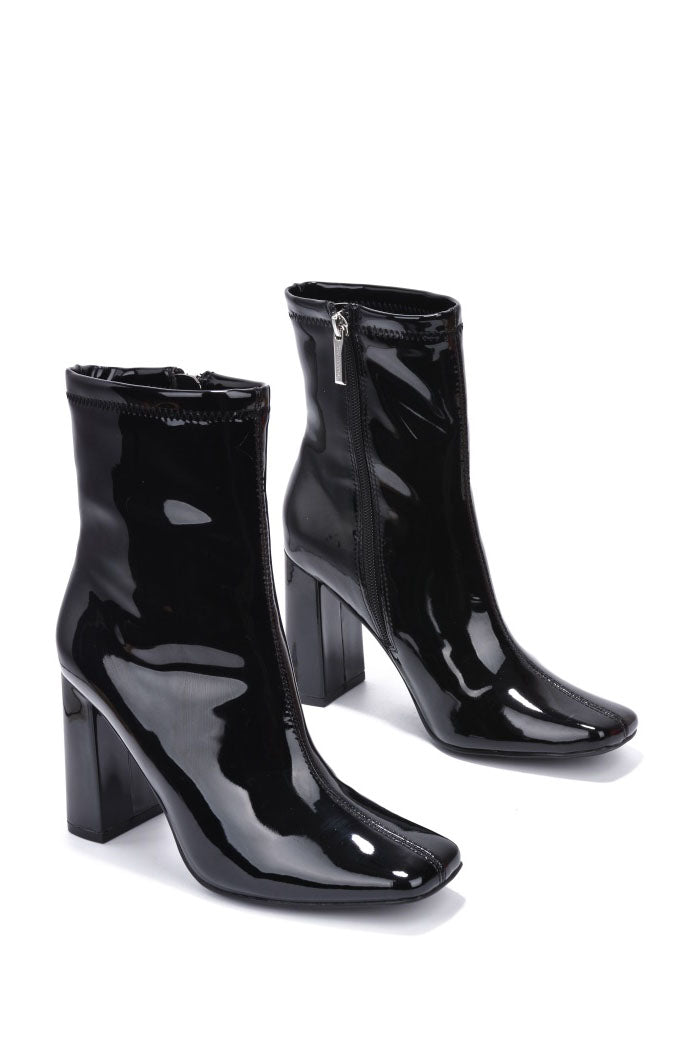 Black Patent Leather Chunky Heel Booties