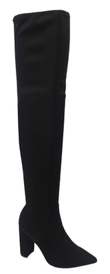 Pointy Toe Over The Knee High Chunky Heel Boots - Black pu