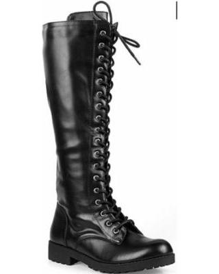 Black Knee High Combat Riding Boots Lace up Lug Sole Shoes - Travis13 | Shoe Time