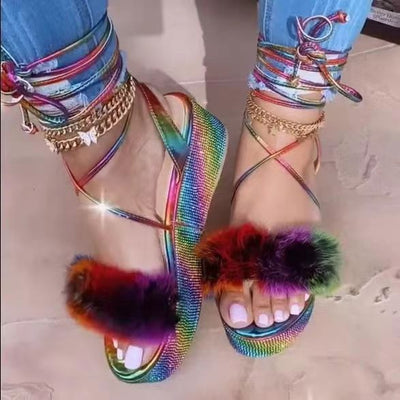 Women's fuzzy ankle lace-up rhinestone platform sandals